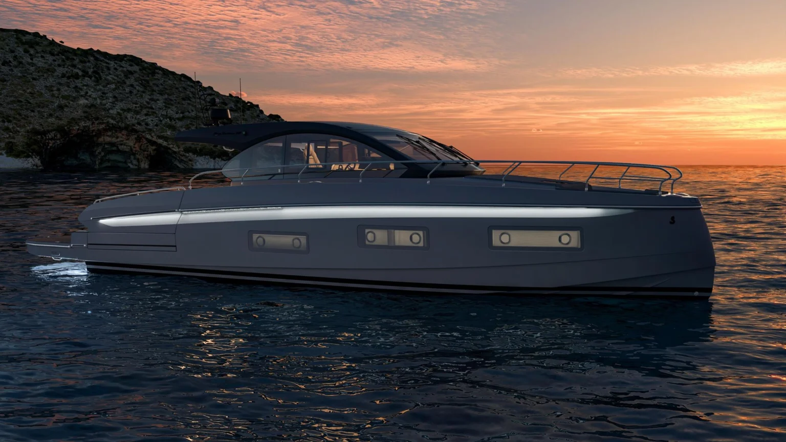 Bénéteau Gran Turismo 50 at anchor at sunset with its hull lights on