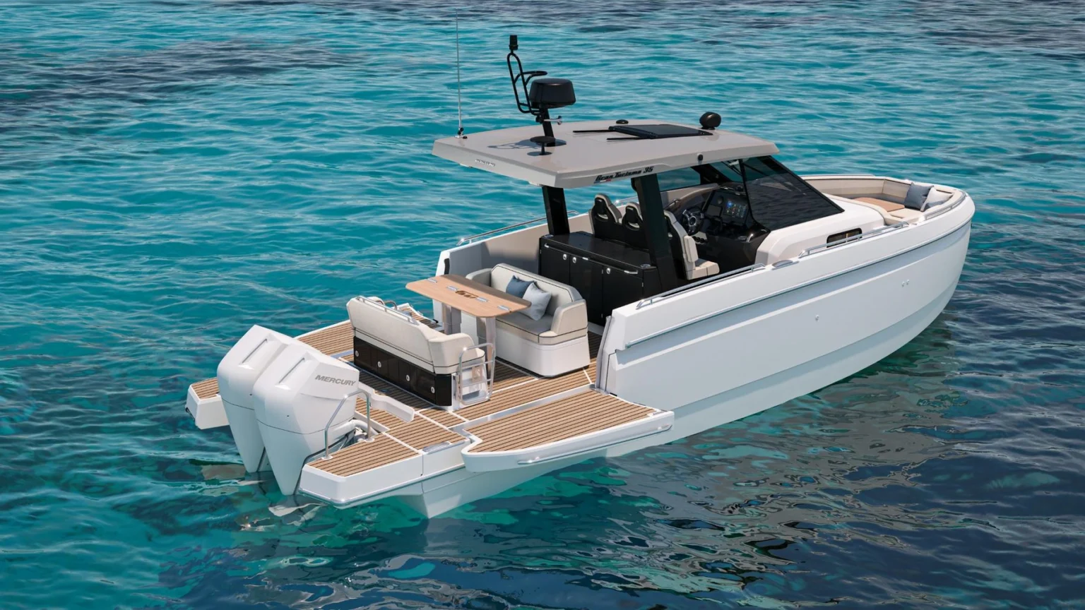 Bénéteau Gran Turismo 35 from astern: swim platform, aft lounge and twin outboards