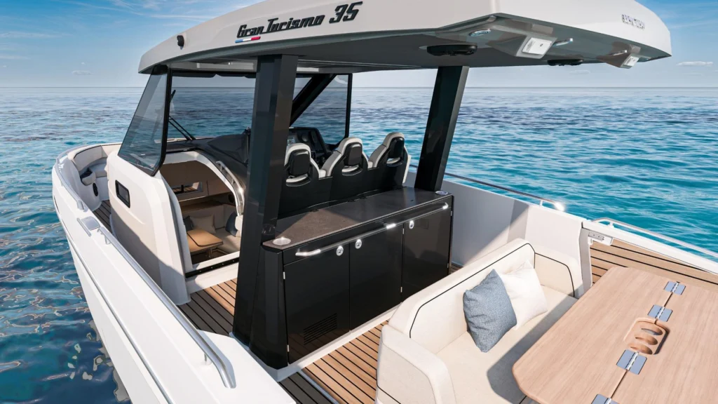 Cockpit of the Bénéteau Gran Turismo 35 with outdoor galley and dining table