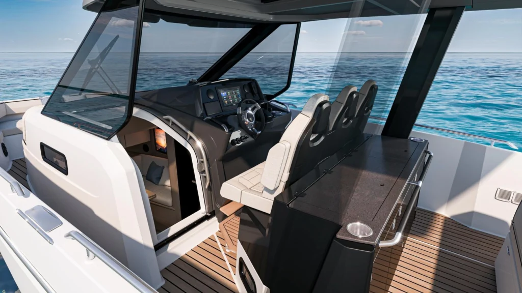Helm of the Bénéteau Gran Turismo 35 with three seats and glass windscreen