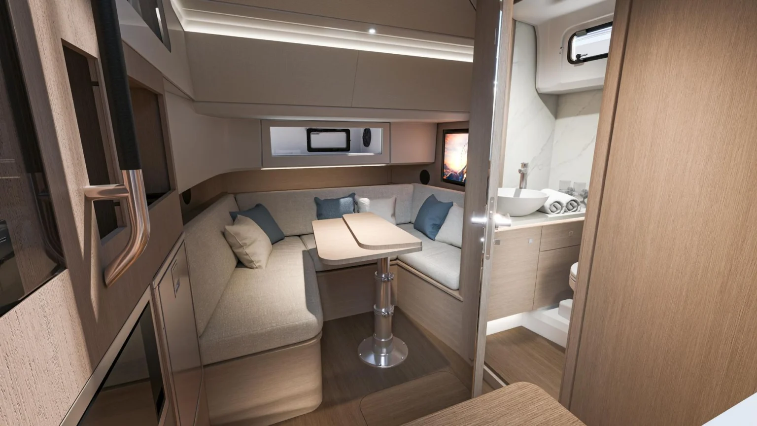Saloon below deck on the Bénéteau Gran Turismo 35 with dinette