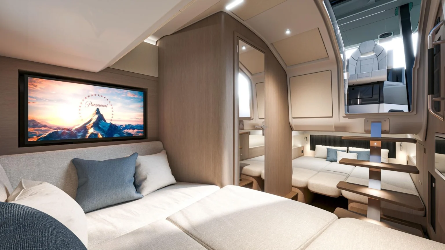 Cabin of the Bénéteau Gran Turismo 35 with large screen and wide berth