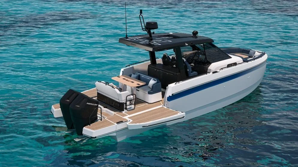 Bénéteau Gran Turismo 35 Alpine Edition from astern with twin black outboards
