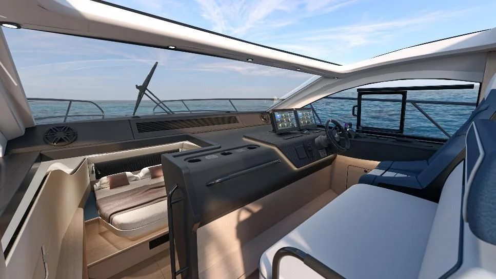 Bénéteau Gran Turismo 40 Alpine Edition wheelhouse with navy upholstery