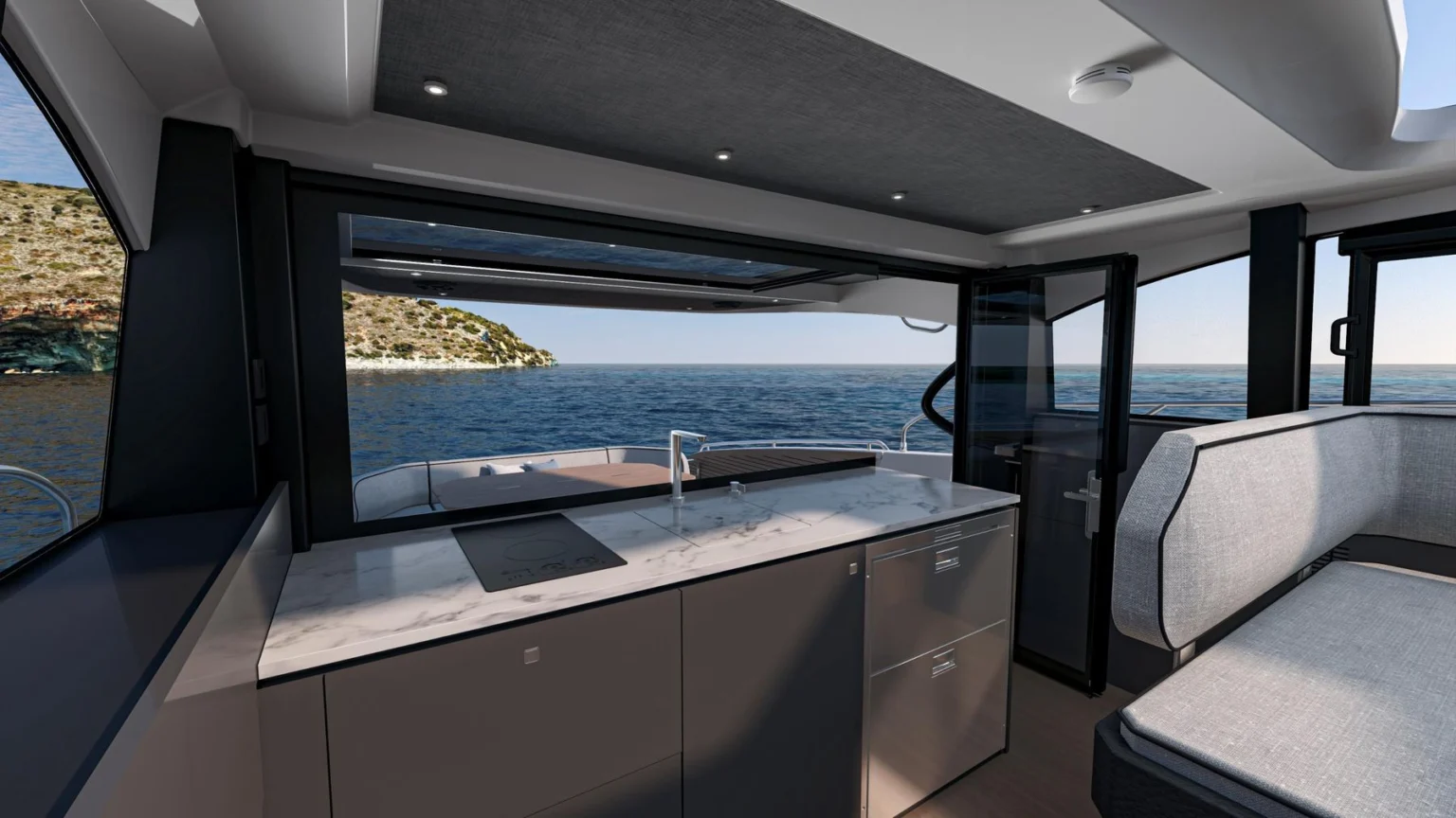 Galley of the Bénéteau Gran Turismo 50 opening to the cockpit
